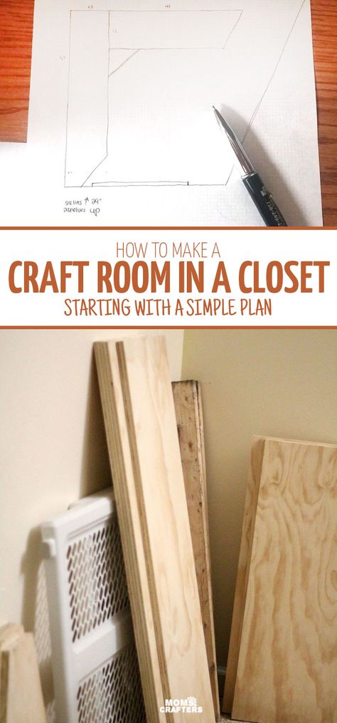 Organizing A Craft Closet, Diy Closet Craft Room, Built In Craft Closet, Sewing Room Closet Ideas, Diy Craft Closet Ideas, Sewing Room In A Closet, Narrow Craft Room Ideas, Closet Organization For Crafts, Turn Closet Into Craft Space