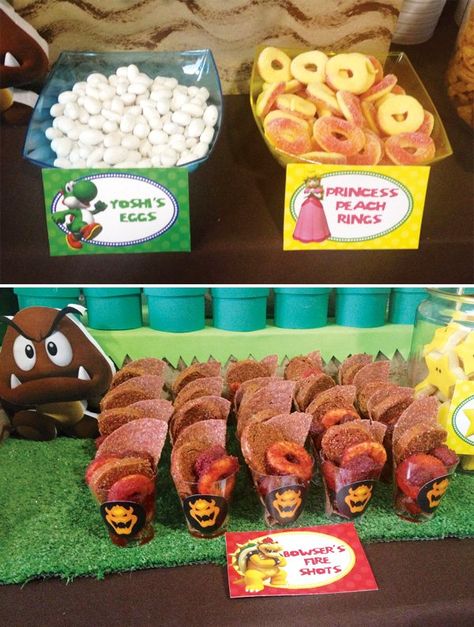 Mario And Luigi Birthday Party Food, Mario Birthday Crafts, Super Mario Jello Ideas, Yoshi Eggs Mario Party, Super Mario Bros Candy Table, Super Mario Party Food Labels, Super Mario Party Snack Ideas, Super Mario Birthday Snacks, Mario Themed Candy