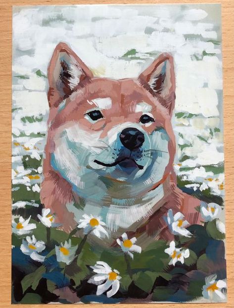 Animal Paintings Gouache, Gouache Animals Illustrations, Gouache Art Animals, Pet Paintings Acrylic, Gouache Dog Painting, Gouache Pet Portrait, Gouache Animal Painting, Gouache Painting Inspiration, Shiba Painting