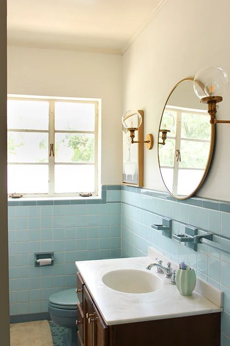 1950s Bathroom Update, Blue Bathtub Bathroom Ideas, Vintage Bathroom Ideas 1950s, Retro Bathrooms 1950s, 1950 Bathroom Remodel, 1940s Bathroom Remodel, Vintage Blue Tile Bathroom, 1950s Bathroom Decor, Bathroom Blue And White