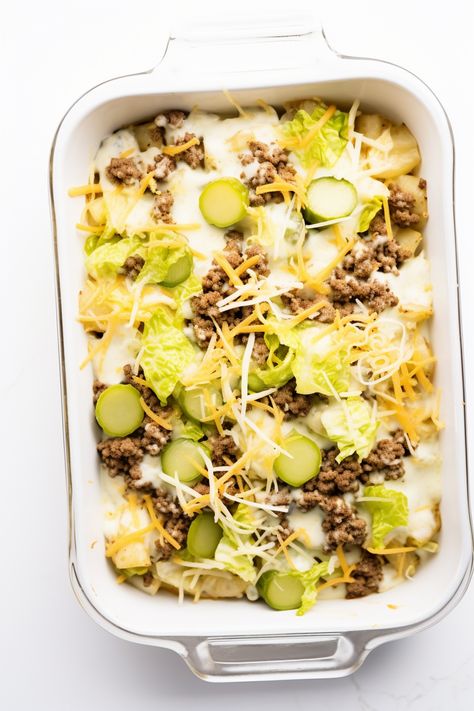 Easy Keto Big Mac Casserole Recipe: Enjoy Fast Food Flavors Guilt-Free #ketodiet #ketorecipes #lowcarb Keto Burger Casserole, Tasty Freedom Cookbook Recipes, Big Mac Lasagna, Burger Casserole Recipes Low Carb, Keto Big Mac Casserole Recipes, Low Carb Big Mac Casserole, Big Mac Casserole Keto, Whole 30 Big Mac Casserole, Big Mac Keto