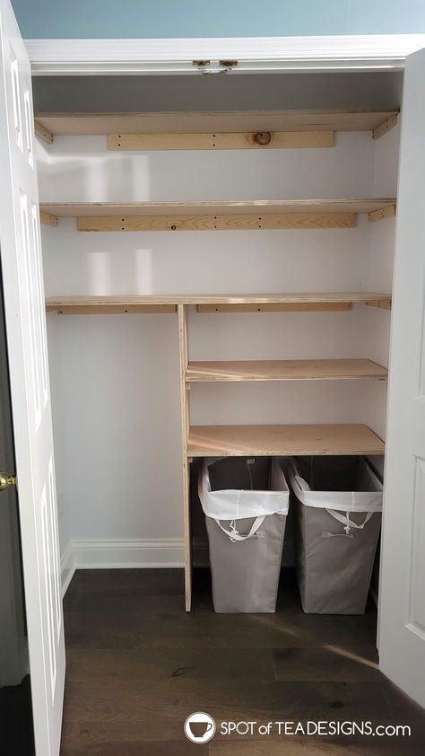 Half Closet Ideas, Laundry Hamper Closet Ideas, Hallway Open Closet Ideas, Closet End Of Hallway, Deep Cupboard Storage Ideas Bedroom, Storage Cupboard Shelving Ideas, Hall Closet Shelf Ideas, Hallway Utility Closet, Large Hallway Closet Organization