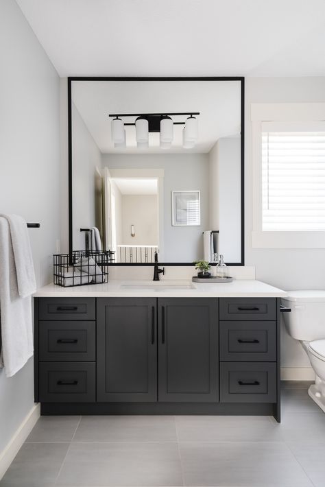 Bathroom With Dark Grey Cabinets, Black Bathroom Vanity Chrome Hardware, Bathroom Inspiration Dark Cabinets, Grey Bathroom Cabinets Black Hardware, Bathroom With Charcoal Vanity, Slate Cabinets Bathroom, Gray Cabinets Bathroom Ideas, Bathroom Inspiration Black Hardware, Painted Bathroom Cabinets With Black Hardware