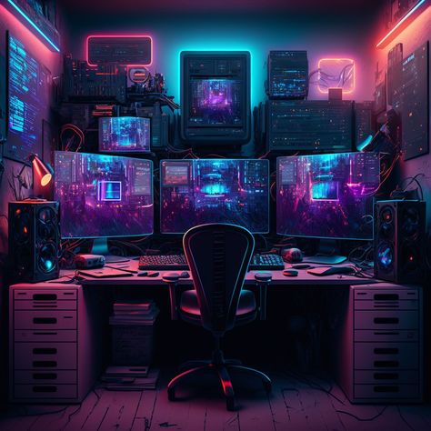 Cyberpunk Aesthetic Room, Cluttercore Bedroom, Cluttered Bedroom Aesthetic, Hacker Room, Cyberpunk Room, Room Oasis, Cluttered Bedroom, Bedroom Aesthetics, Home Studio Setup