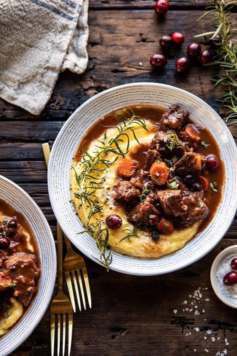 Cranberry Cider Braised Beef Stew with Rosemary Polenta | halfbakedharvest.com #slowcooker #instantpot #beef #polenta Beef Polenta, Rosemary Polenta, Braised Beef Stew, Slow Cook Beef Stew, Cranberry Cider, Half Baked Harvest Recipes, Classic Beef Stew, Slow Cooked Beef, Harvest Recipes