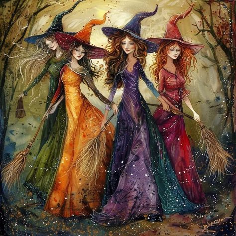 Group Of Witches, 4 Witches, Beautiful Witches, Baba Jaga, Autumn Witch, Witch Pictures, Witch Coven, Halloween Kunst, Images D'art