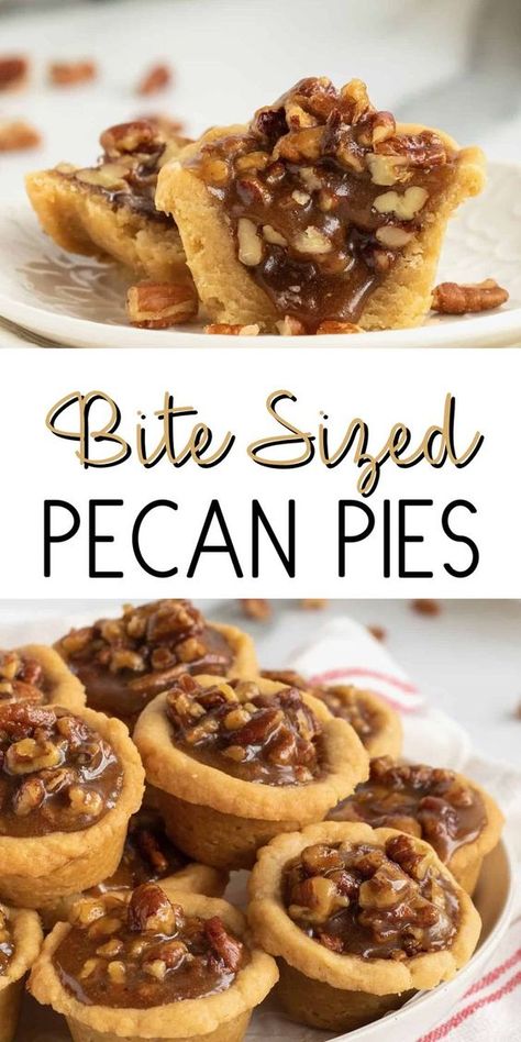 Pecan Pie Bites Pioneer Woman, Mini Holiday Pies, Mini Pecan Pies Without Corn Syrup, Pecan Treats Holidays, Mini Pecan Pies No Corn Syrup, Pecan Pie Bites Recipe, Pecan Pie Hand Pies, Holiday Dessert Bites, Pecan Bites Easy