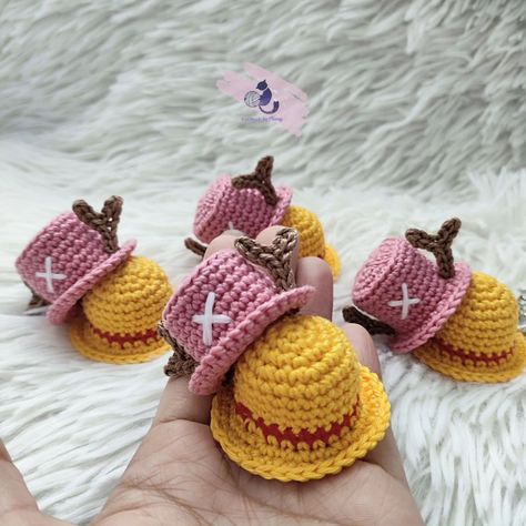 Crochet Luffy and Chopper Hat keychain 💛💙 #handmadebytÜway #crochetph #onepiece #OnePieceAnime #Nakama #Luffy #Chopper #crochetkeychain Luffy's Hat Crochet, One Piece Keychain Crochet, Crochet Chopper Hat, Crochet Keychain For Boys, Luffy Hat Crochet, Crochet Luffy, Luffy And Chopper, Chopper Hat, One Piece Crochet