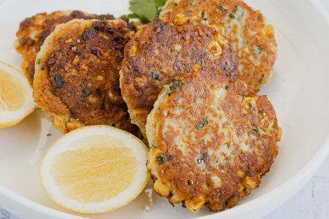 Potato Corn Fritters Recipe, Prawn Fritters Recipe, Salt Cod Fritters, Salmon And Corn, Healthy Corn Fritters Recipe, Salmon Fritters Baby, Fridge Staples, Corn Fritter, Corn Fritter Recipes