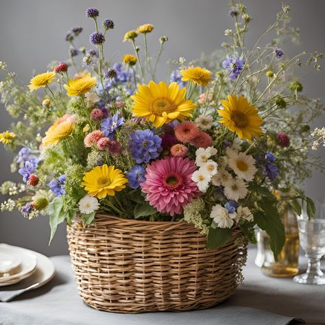 Storrs Florist | Summer Meadow Basket of Flowers | Found Florist Farm – Found Florist Farm, LLC Feverfew Centerpiece, Floral Baskets Arrangements, Rustic Basket Decor, Floral Arrangements With Ferns, Summer Fake Flower Arrangements, Summer Flower Arrangements For Table, Bird House Flower Arrangements, English Garden Centerpieces, Wicker Basket Flower Arrangements