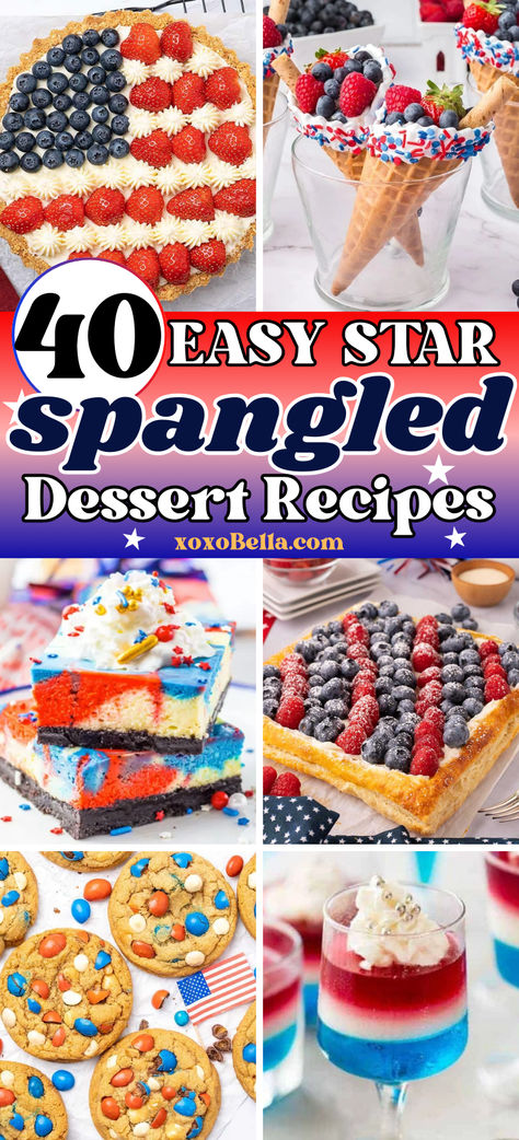 A collage of patriotic red, white and blue desserts. Yankee Doodle, Patriotic Desserts, Blue Desserts, 4th Of July Desserts, Scrumptious Desserts, Yummy Sweets, Easy Baking Recipes, Halloween Recipes, Easter Recipes