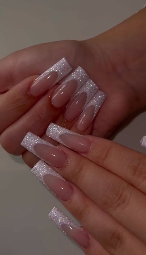 Long Glittery Nails, Sparky White Nails, White Sparkle Acrylic Nails, Sparkly Nails Coffin, Glittery White Nails, White Glittery Nails, Glittery French Tip Nails, White Sparkly Nails, White Sparkle Nails