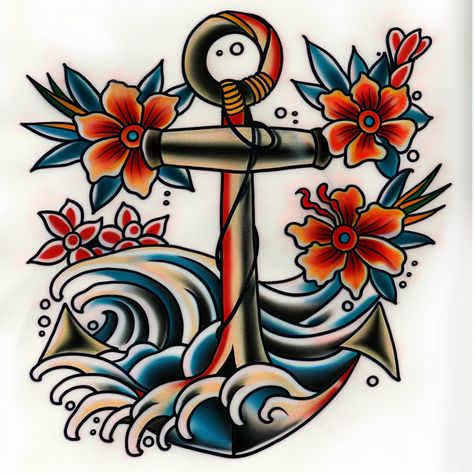 Beautiful Traditional anchor tattoo style digital print ready to be placed on what ever you desire mugs, phone cases, wall art, blankets, the possibilities  are only limited by your imagination. Traditional Phone Tattoo, Traditional American Style Tattoo, Navy American Traditional Tattoo, Old Style Flower Tattoo, Neo Traditional Flower Tattoo Design, Anchor Tattoo American Traditional, American Traditional Nautical Tattoo, Anchor Tattoo Neo Traditional, Anchor Flowers Tattoo