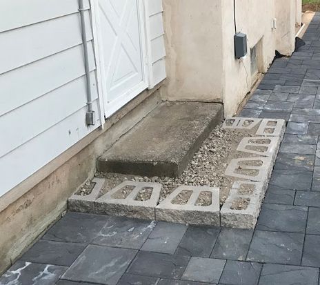 Paver Step Replacing Concrete Steps | Avoiding Paver Steps Shifting Paver Steps To Patio, Paver Steps Stairs, Concrete Patio Steps, Paver Stairs, Concrete Pavers Diy, Front Porch Stone Steps, Walkway Pavers, Paver Sidewalk, Patio Step