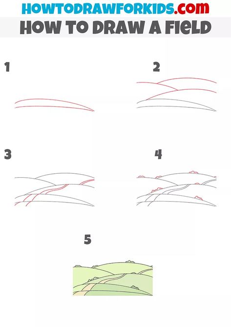 How to Draw a Field - Easy Drawing Tutorial For Kids How To Draw Hills, Sky Drawings, Landscape Drawing Tutorial, Landscape References, Farm Paintings, How To Draw Steps, Easy Drawing Tutorial, Drawing Tutorials For Kids, Book Clubs