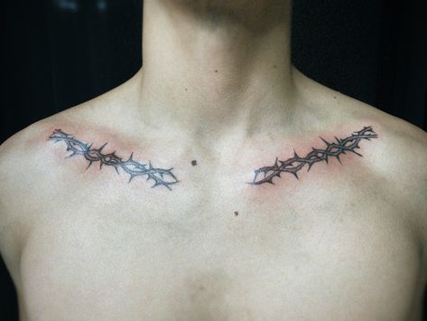 Collar Bone Tattoo Thorns, Collar Bone Tattoo Masculine, Collar Bone Thorn Tattoo, Barb Wire Tattoo Collarbone, Masculine Collar Bone Tattoo, Thorns Collarbone Tattoo, Thorns Chest Tattoo, Thorn Chest Tattoo, Thorn Collar Bone Tattoo