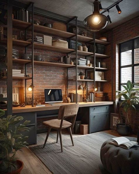 Architecture X Design | Study room design by @rizi.ad #DiXemNhaDi #Studyroom #officedesign #officespace | Instagram Small Office Lots Of Storage, Studio In Casa, Townhouse Ideas, Industrial Style Bedroom, Industrial Home Offices, Industrial Room, Loft Area, Bedroom Ideas Romantic, Corner Door