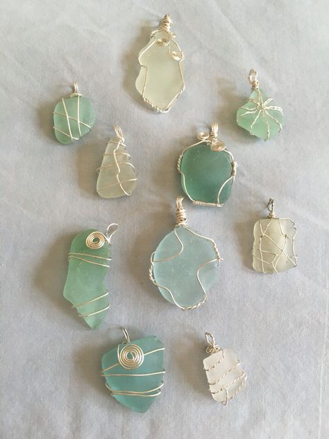 Sea Glass from Atlantic City NJ. Hand Crafted by Kathleen Fitzgerald 2016 Beach Glass Necklace Diy, Beach Glass Jewelry Wire Wrap, Seaglass Rings Diy, Wrapping Sea Glass With Wire, Seaglass Necklace Diy Wire Wrapping, Making Jewelry With Crystals, Sea Glass Wrapping, Beach Glass Wire Wrapping, Sea Glass Wire Jewelry