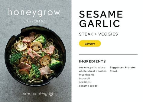 honeygrow Honeygrow Stir Fry Recipe, Honeygrow Copycat Recipe Stir Fry, Whole Wheat Noodles, Mushroom Broccoli, Garlic Steak, Garlic Sauce Recipe, Honey Garlic Sauce, Steak And Mushrooms, Veggie Stir Fry