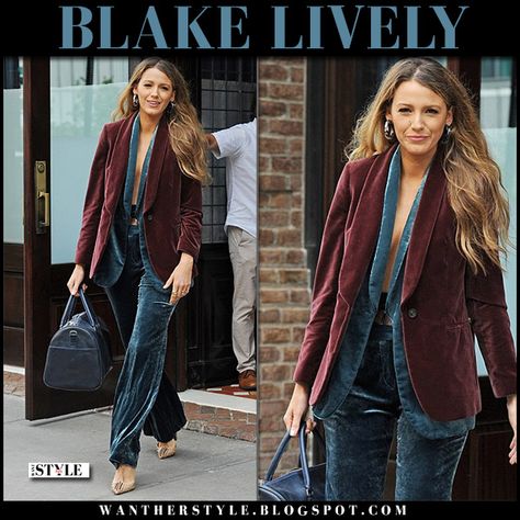 Blake Lively in burgundy velvet blazer and dark blue velvet pants #celebrity #hollywood #fashion #style #fall #outfit #trend #velour Oversized Velvet Blazer Outfit, Burgundy Velvet Blazer Outfits, Red Velvet Blazer Outfit Women, Blue Velvet Pants Outfits, Brown Velvet Pants Outfit, Black Velvet Jacket Outfit, Velvet Blazer Outfit Women, Burgundy Blazer Outfit Woman, Burgundy Blazer Outfit