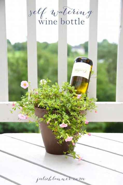 How to make a self watering system for your plants with a bottle Self Watering Bottle, Diy Self Watering Planter, Reuse Wine Bottles, Wine Bottle Project, Self Watering Containers, Plants In Bottles, Bottle Garden, Sacred Spaces, Wine Bottle Diy