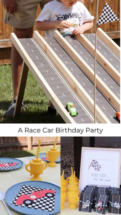 Race Car Themed Third Birthday Party - traditionallycozy.com Two Fast Car Theme Birthday, Can’t Catch Me I’m 3, Fast And Three Birthday, Cant Catch Me Im 3, Two Fast Birthday Party Boy, Two Fast, Two Fast Two Furious, Felix Birthday, Vintage Car Birthday