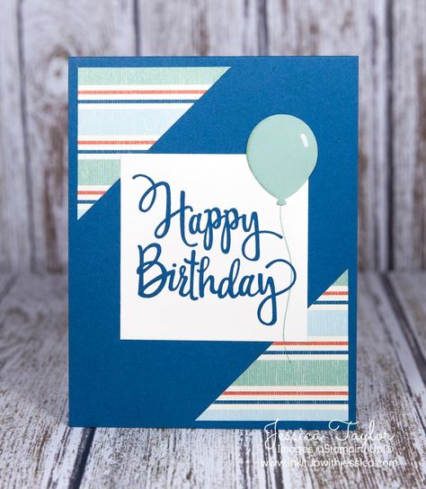 The Stylized Birthday stamp is perfect for birthday cards to give to anyone. The handwritten font makes it look nice on flowery cards or on cards that are a little more manly like this one. Plus it’s just a nice big size! Dapper Denim card base: 4-1/4″ x 11″ scored at 5-1/2″ Very Vanilla: 2-3/4″ x 2-3/4″ Striped paper: 2-1/4″ x 2-1/4″ cut on the diagonal Doesn’t that balloon look realistic?!? I used the Chalk Marker to add a little highlight to the right side of it. Then I sponged a little M... Homemade Birthday Cards, Birthday Stamps, Masculine Birthday Cards, Bday Cards, Boy Cards, 카드 디자인, Birthday Cards For Men, Cricut Cards, Birthday Cards Diy