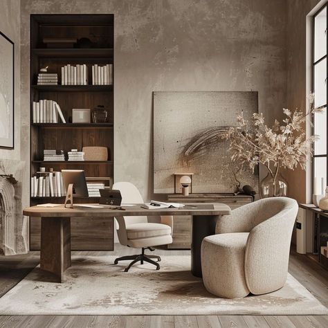 Modern Home Office Design Inspiration Organic Modern Home Office, Japandi Workspace, Japandi Office Design, Japandi Home Office, Home Office Design Inspiration, Large Bookshelf, Modern Home Office Design, Bookshelf Office, Home Office Layouts