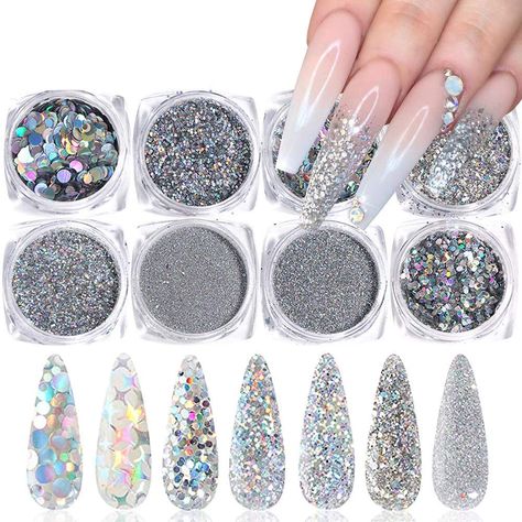 Holographic Manicure, Holographic Nail Art, Holographic Nail Powder, Nails Powder, 3d Acrylic Nails, Acrylic Nail Supplies, Glitter Accessories, Silver Glitter Nails, Confetti Nails