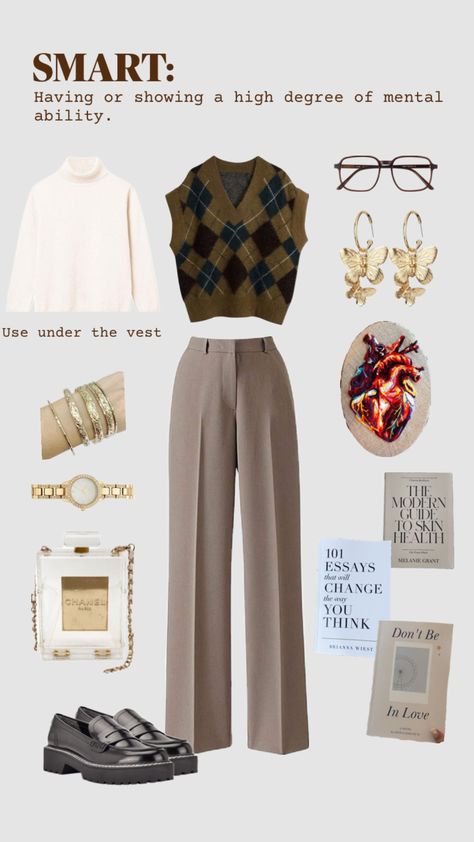 For my smart girlies, keep at it!🌕🗝️🖋️📝🤎…#darkacademia #lightacademia #smart #girl #woman #women #outfit #aesthetic #brown #vest #longsleeve #formal #books #bookworm #reading #tips #vintage #vibes #me #era # selfcare #independent #coco #channel #watches #gold #jewelry #selfimprovement #selfgrowth #girlboss #writer #reader #beige #yeah Outfit Ideas Vintage Classy, Book Worm Aesthetic Outfit, Smart Clothes Aesthetic, Writer Clothes Aesthetic, Vintage Journalist Outfit, How To Dress Like A Writer, Researcher Aesthetic Outfit, Library Aesthetic Clothes, Reader Girl Aesthetic Outfit