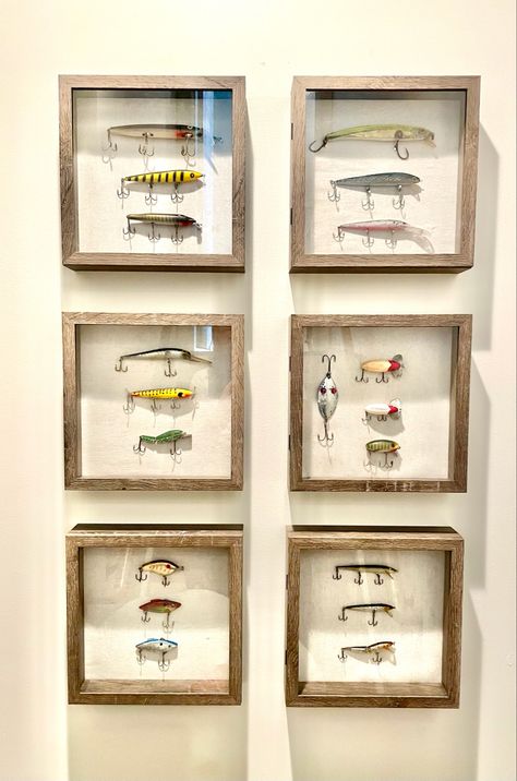 Lures shadow boxes Fishing Shadow Box Ideas Diy, Shadow Box Fishing Lures, Mermaid Shadow Box, Shadow Box Vintage Toys, Coastal Shadow Box Wall Art, Shadow Boxes, Paint Finishes, Shadow Box, Installation Art