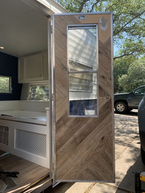 The Cameo Camper Renovation: $10 Interior Camper Door Makeover — Lone Oak Design Co. Camper Door Remodel, Rv Door Decor, Rv Door Makeover Interior, Rv Door Remodel, Fiberglass Camper Remodel, Camper Refrigerator Makeover, Skamper Camper Remodel, Navy Blue Camper Interior, Pop Up Campers Remodeled