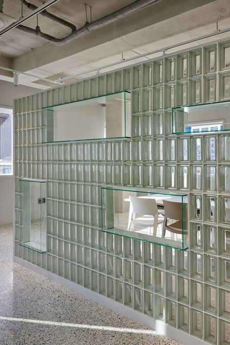 Glass Blocks Wall, Glass Brick, Partition Design, Workplace Design, Glass Blocks, Office Interior, Apartment Interior, Wall Treatments, Architectural Elements