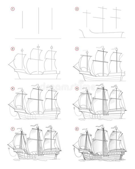 How to draw step by step sketch of fantastic medieval sail ship. Creation pencil drawing. Educational page for artists. Textbook for developing artistic skills stock illustration Draw A Pirate Ship, Pirate Ship Drawing, Ship Sketch, Step By Step Sketches, Sail Ship, Navi A Vela, Draw Step By Step, Boat Drawing, Easy Drawing Steps