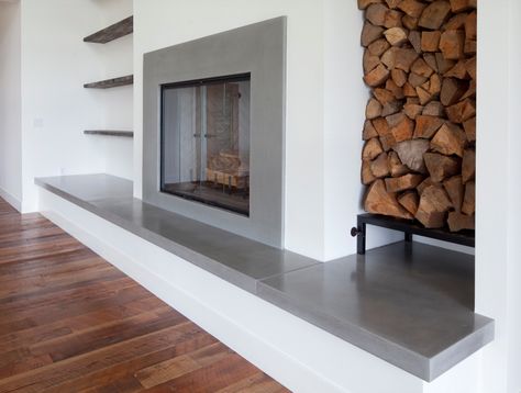 Concrete Fireplace - Modern - Family Room - Seattle - by Sound Concrete Countertops Concrete Hearth, Brick Fireplace Decor, Fireplace Seating, Fireplace Facade, Paint Fireplace, Brick Fireplace Makeover, Concrete Fireplace, Freestanding Fireplace, Farmhouse Fireplace