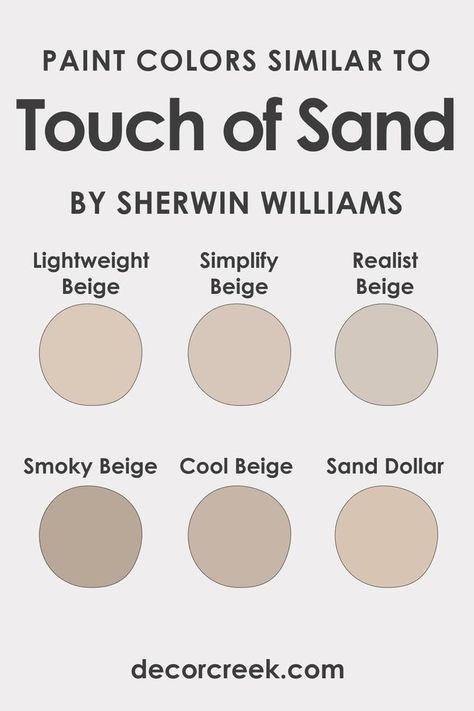 Colors Similar to Touch of Sand SW-9085 by Sherwin Williams Cool Beige Sherwin Williams, Sw Realist Beige, Sand Paint Color, Beige Wall Colors, Beige Room, Dark Trim, Cottage Painting, Beige Bedroom, Sand Painting