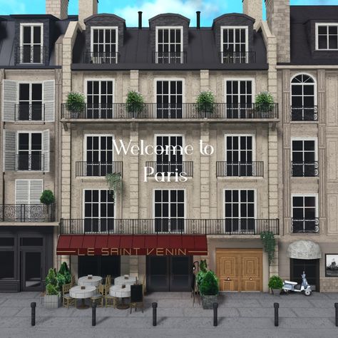 Aesthetic Bloxburg Apartment Exterior, French Apartment Exterior Bloxburg, Nyc Apartment Aesthetic Bloxburg, French Townhouse Exterior, Blockburg Apartment, City Aesthetic Bloxburg, Cafe And Apartment Exterior, Bloxburg French Apartment, Bloxburg Newyork House