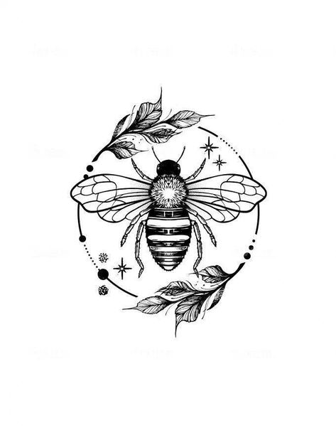 Abstract Bumble Bee Tattoo, Bee Inspired Tattoo, Floral Bee Tattoo Design, Round Floral Tattoo, Honeybee Tattoo Design, Cool Insect Tattoos, Bee Tatoos Vintage, Minimal Tattoo Geometric, Bee Spine Tattoo