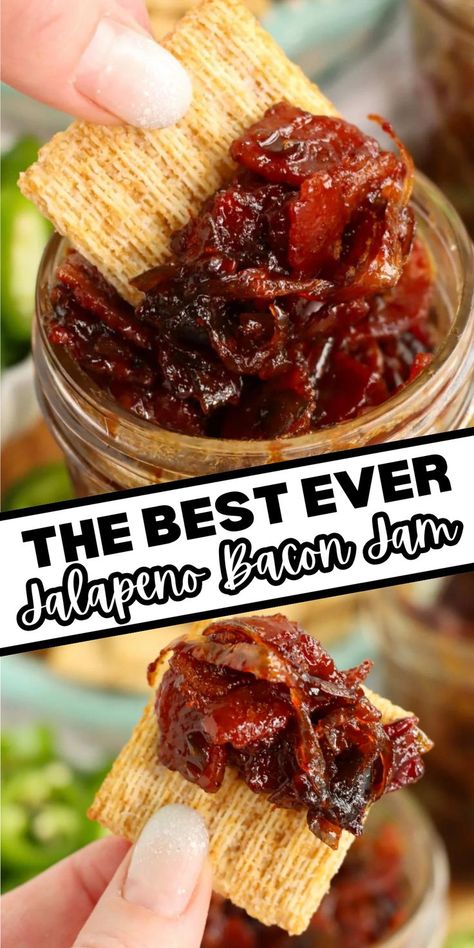 Closeup shot of cracker being dipped into jarful of jalapeno bacon jam at top and cracker dipped in jalapeno bacon jam at bottom. Jalapeno Jam Recipe, Marmalade Sandwich, Bacon Jam Burger, Jalapeno Bacon, Bacon Jam Recipe, Savory Jam, Canning Jam Recipes, Pepper Jelly Recipes, Jalapeno Jam