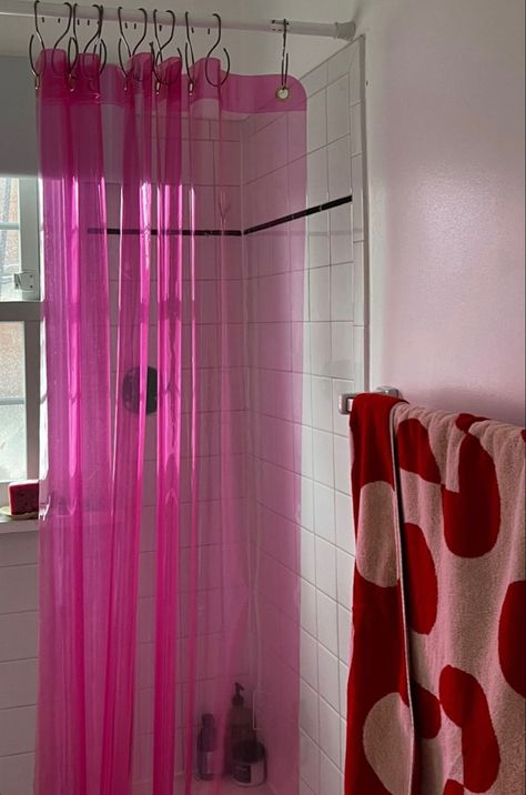 Neon Shower Curtain, Hot Pink Bathroom Aesthetic, Colorful Minimalist Bathroom, Barbie Bathroom Decor, Y2k Bathroom Decor, Pink Bathroom Aesthetic, Neon Bathroom, 90s Interior Design, Pink Shower Curtain