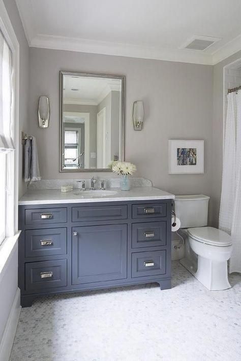 Grey Bathroom Paint, Painting Bathroom Cabinets, Grey Bathroom Vanity, Blue Vanity, Cabinet Paint, Gray Vanity, French Beret, Bathroom Paint Colors, Room Tiles