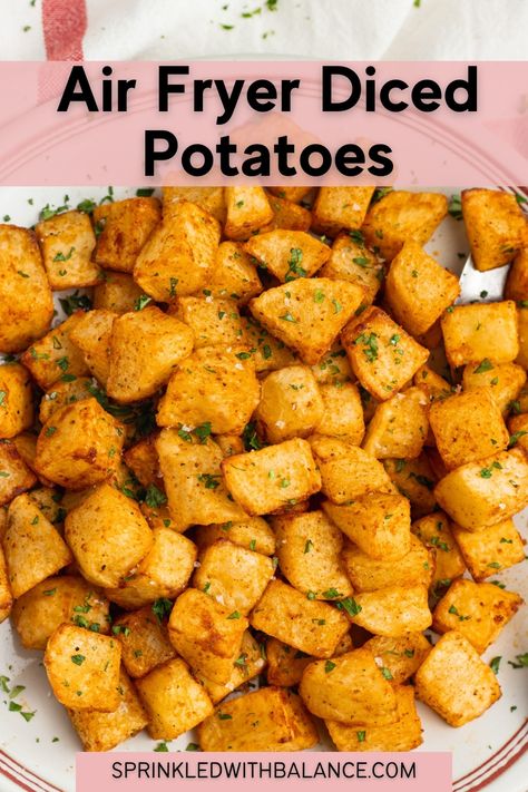 Air Fryer Diced Potatoes Air Fryer Diced Potatoes, Baked Diced Potatoes, Russet Potato Recipes, Potato Side Dishes Easy, Air Fry Potatoes, Canned Potatoes, Seasoned Potatoes, Hashbrown Recipes, Easy Potato Recipes