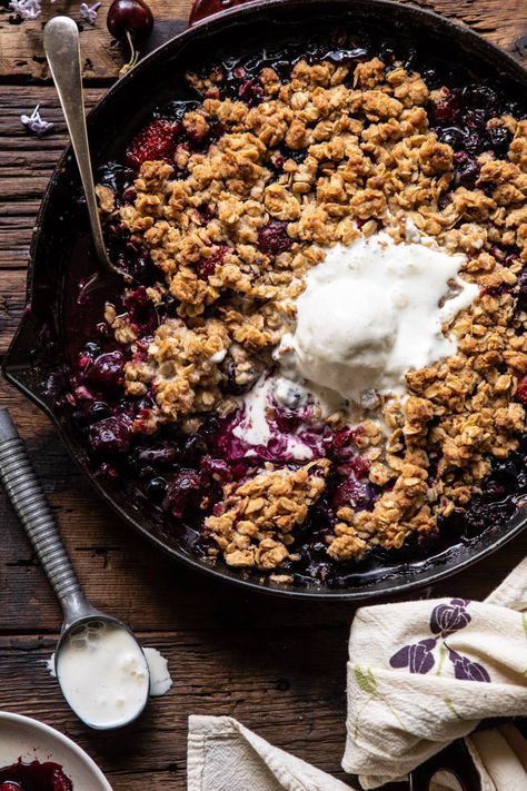 Buttery Cherry Berry Skillet Crisp | halfbakedharvest.com #berries #summerrecipes #easyrecipes #cherries Cherry Crisp Recipe Easy, Cherry Crisp Recipe, Oatmeal Crumble Topping, Raspberry Crumble Bars, Summer Fruit Recipes, Cherry Crisp, Half Baked Harvest Recipes, Raspberry Crumble, Berry Crisp