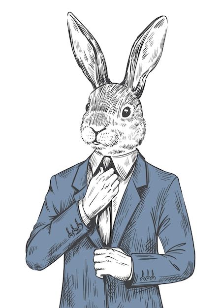 Vector rabbit in suit engraved human bun... | Premium Vector #Freepik #vector #hare #rabbit-cartoon #cartoon-sketch #cartoon-bunny Rabbit Head Drawing, Tuxedo With Tie, Illustration Rabbit, Easter Hare, Office Cartoon, Hare Rabbit, Sketch Cartoon, Cartoon Sketch, Rabbit Drawing