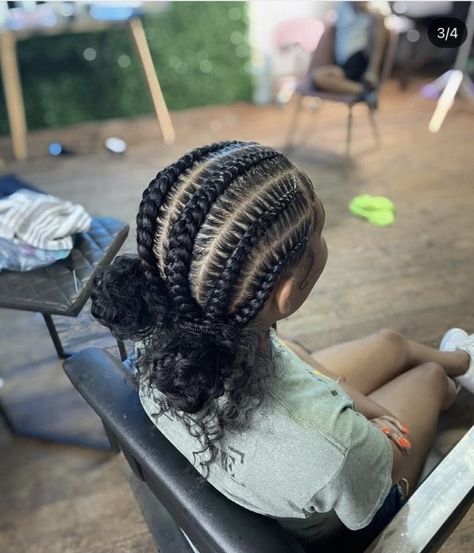 Braids To The Back With Two Buns, Braids In To A Bun, Two Buns Hairstyle With Braids, Cornrows With Buns In The Back, Stitch Bun With Curls, Two Braids Black Hair, Natural Stitch Braids, Braid Back Bun, Four Stitch Braids In Two Buns