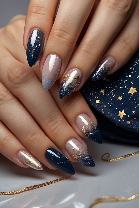 Make your night extra special with a stunning starry nail designGet creative and explore the possibilities of nail art with our easy-to-follow tutorialWith just a few simple stepsyou can create a beautiful starry look that will make you stand out from the crowdLet your nails shine and get ready for a night with starry nails Dark Blue Nails Ombre, Nail Art Designs Dark Colors, Holiday Nail Inspo 2024, Fall Blue Nail Designs, Sparkle Nails Design, Colored Ombre Nails, Nail Ombre Designs, Ombre Tip Nails, New Years Nails Blue