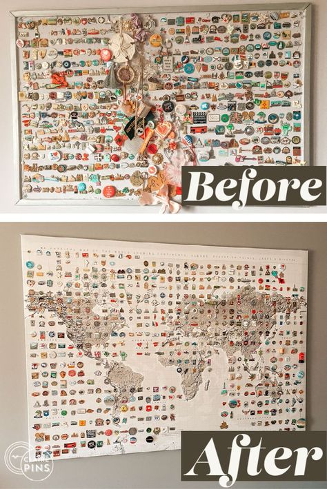 Collector Pin Display Ideas, Travel Currency Display, Souvenir Shelf Ideas, Picture Collection Ideas, Travel Shelf Display, Travel Magnet Board Ideas, Travel Pins Display, Souvenir Pin Display Ideas, Pin Board Collection