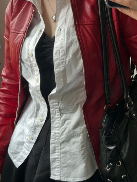 Red And White Clothes Aesthetic, Red Grunge Outfit Aesthetic, Rockstar Gf Tops, Dark Red Aesthetic Outfit, Red Dress With Leather Jacket, Red And White Outfit Aesthetic, Red Leather Bag Outfit, Red Grunge Aesthetic Outfits, Red Leather Jacket Aesthetic