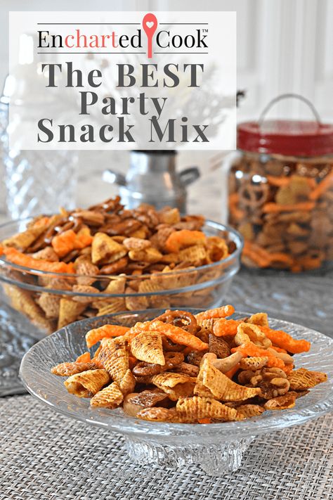 Ultimate Party Snack Mix | Encharted Cook Party Mix With Bugles, Savory Check Mix Recipes, Party Mix Recipe Worcestershire Sauce, Salty Snack For Party, Bugle Mix Recipe, Do Dads Snack Recipe, Chex Mix Recipes With Bugles, Bar Mix Snack, Bugle Chex Mix Recipes