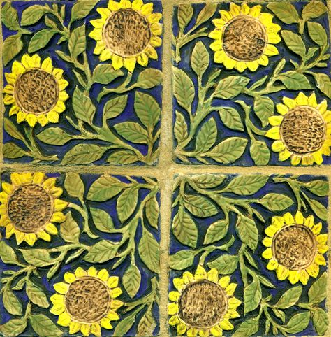 B.A. Schmidt Arts' Sunflower Mandela -- Four 4 x 4 x 1/2" handmade porcelain tiles rotated around one corner. The Sunflower tile is inspired by a William De Morgan Tile. Each tile is hand decorated in ceramic stains, underglazes and glazes. These tiles have been installed and grouted. www.baschmidtartstiles.com Sunflower Tile, Sunflower Ceramic, Sun Tile Mosaic, Ceramic Tile Art Flowers, Sun Flower Mosaic, Art And Craft Design, Interesting Buildings, Handmade Tiles, Ceramic Plates